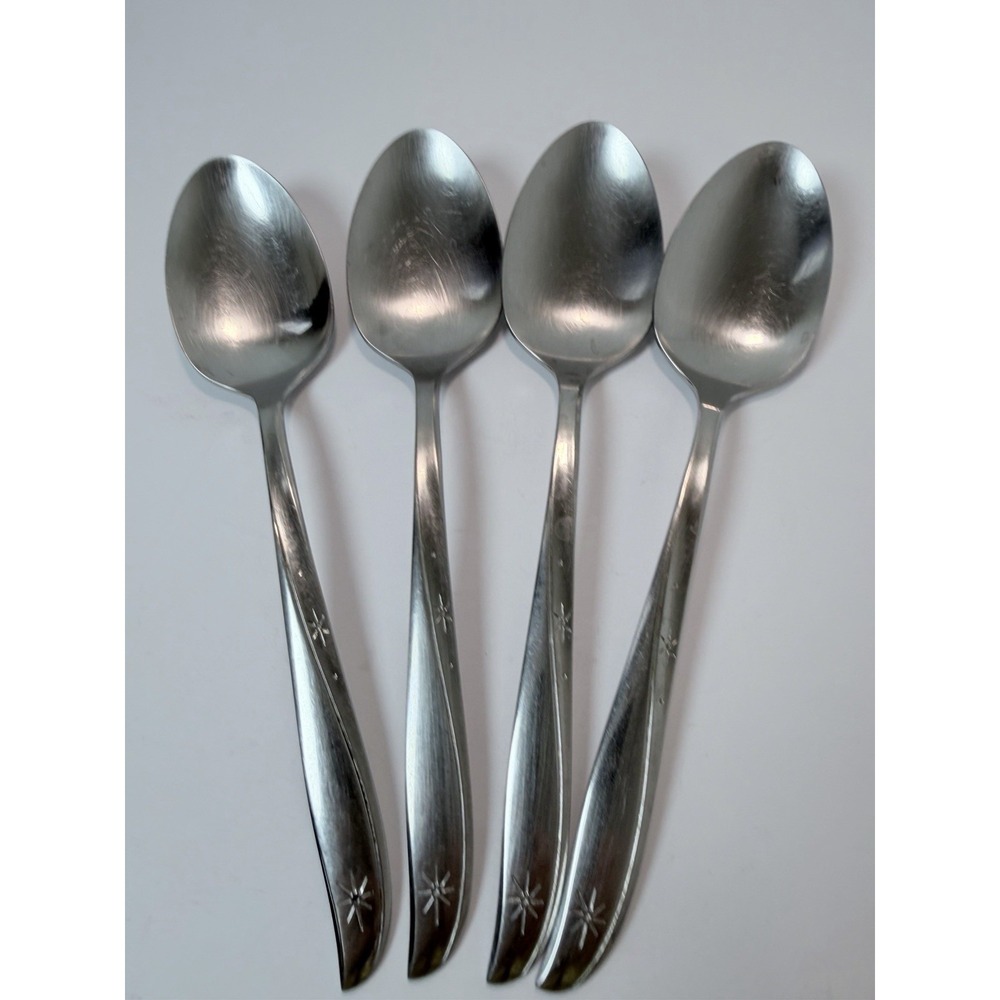 4 Oneida Community Twin Star Serving Spoons  Atomic Starburst MCM Stainless